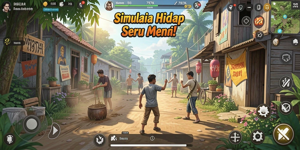 Screenshot utama 797K menampilkan karakter dalam dunia simulasi yang penuh warna.