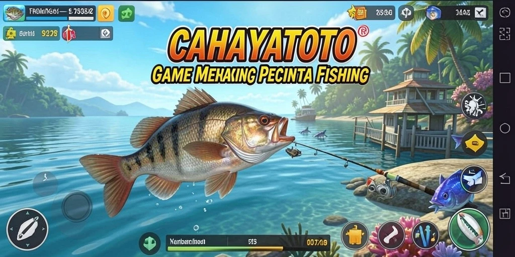 Tampilan gameplay CAHAYATOTO saat menangkap ikan di danau.