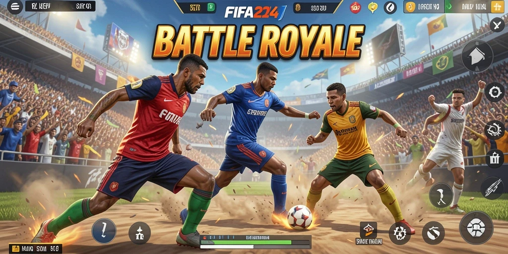 Screenshot menunjukkan aksi intens dalam permainan Battle Royale FIFA234.