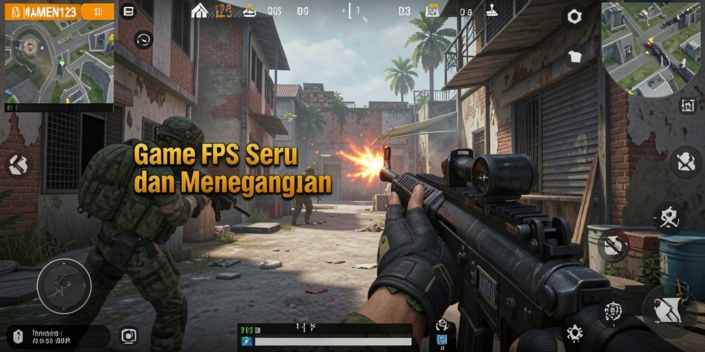 Screenshot MAMEN123 menampilkan aksi tembak-menembak mendebarkan dalam gameplay FPS.