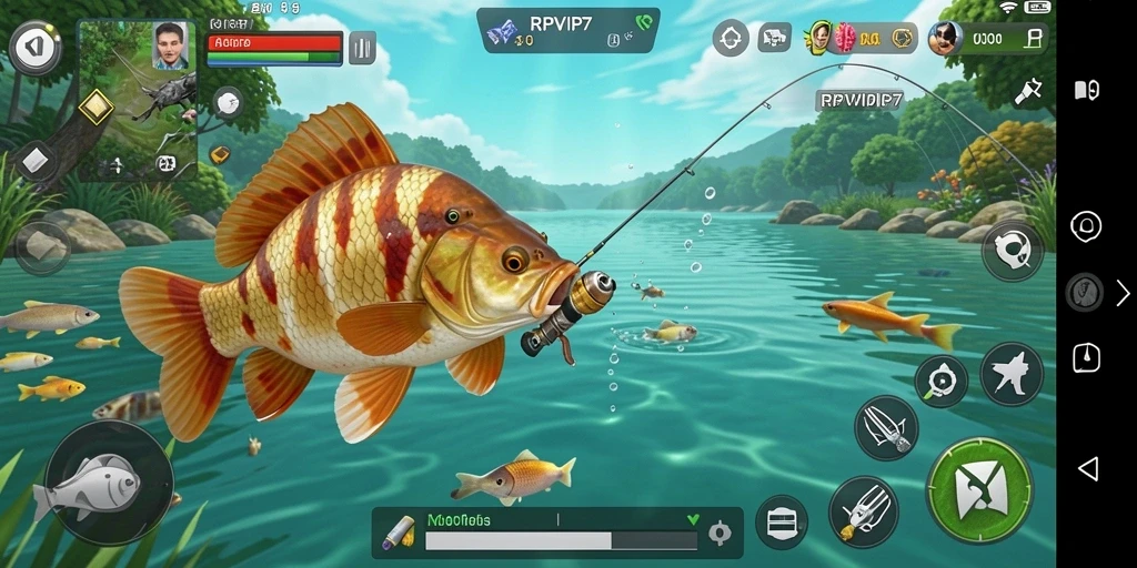 Gameplay seru dalam RPVIP7 dengan memancing di lokasi yang indah.