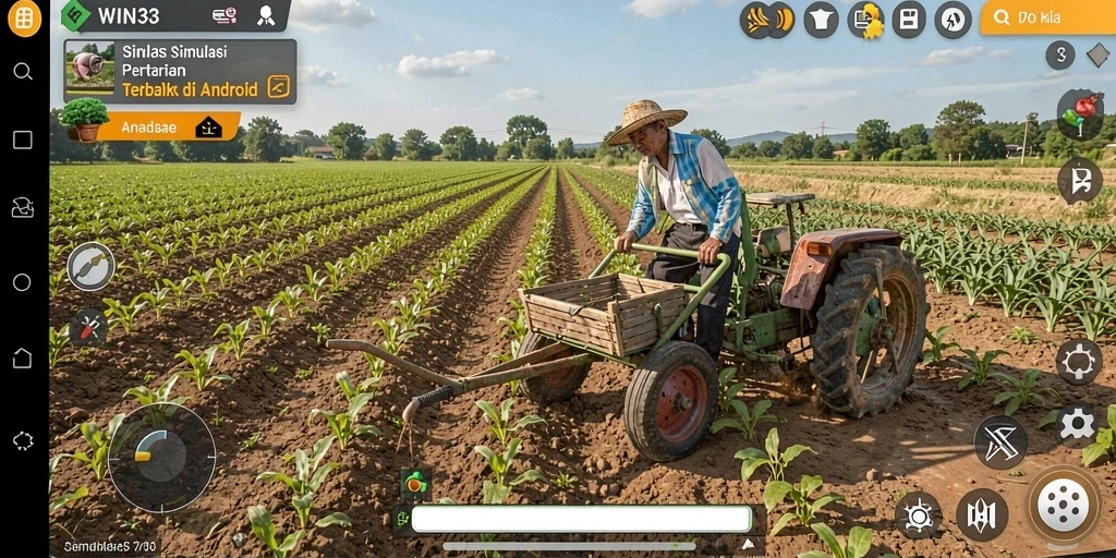 Gameplay WIN33 menampilkan petani yang sedang merawat ladang.
